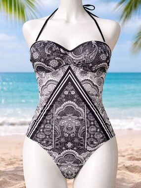 La Vie en Rose Aqua Black White Paisley One Piece Swimsuit L